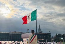 Sheinbaum addressing the Zócalo on her first day as president