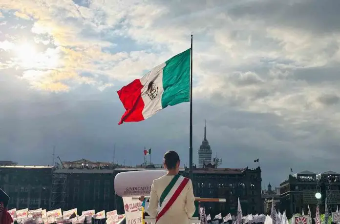 Sheinbaum addressing the Zócalo on her first day as president