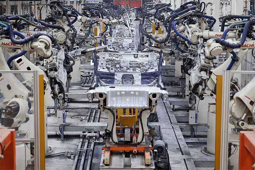 Factory assembly line manned by robot arms