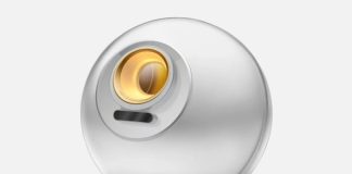 A Worldcoin orb, a white device used to scan people's irises and collect biometric data.