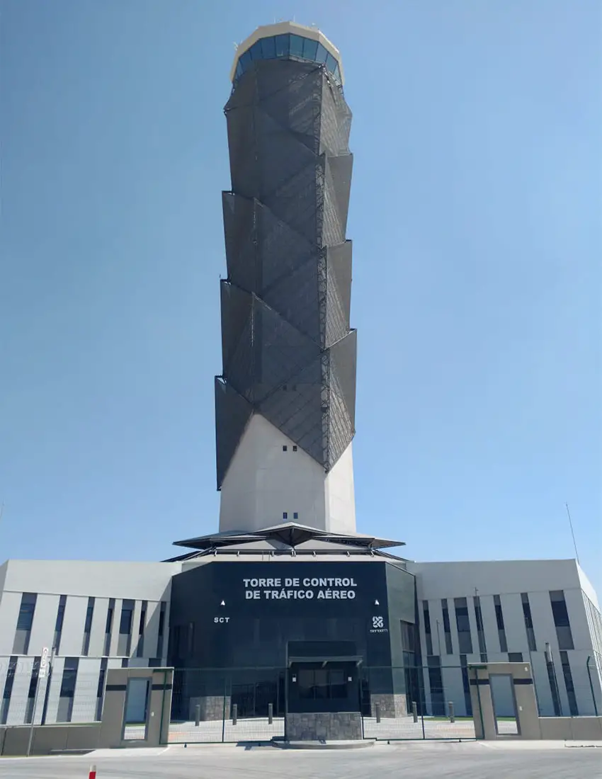 Air traffic control tower at Felipe Angeles International Airport in Mexico state. The tall tubular tower is built to look somewhat like an ancient indigenous weapon used by Mexico's original peoples