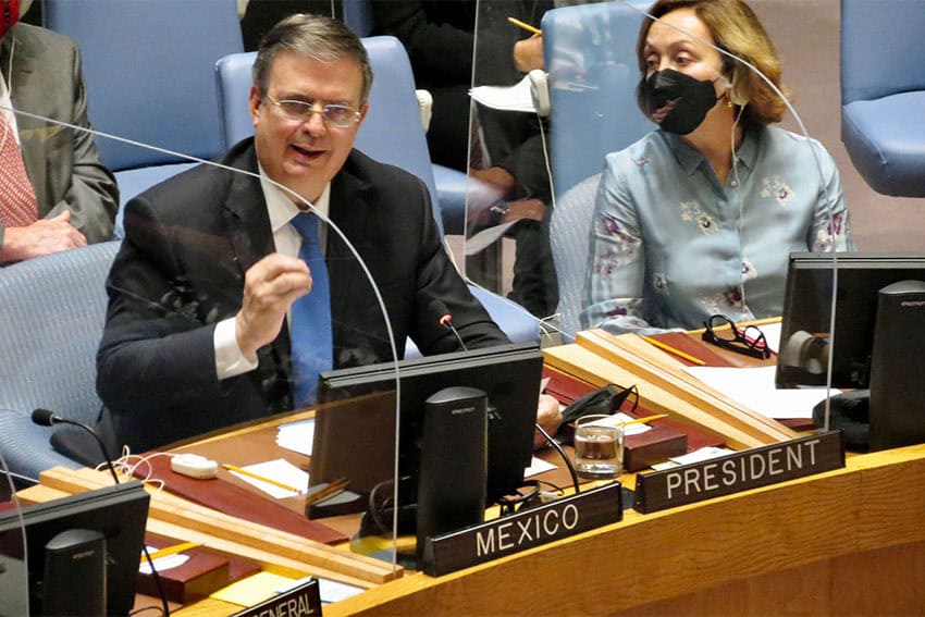 Marcelo Ebrard sits at a UN seat addressing the international organization