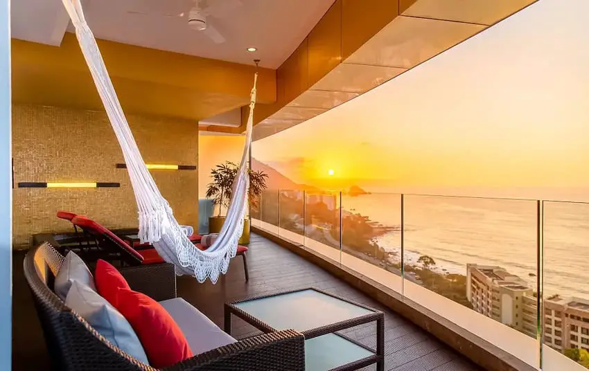 Balcony facing ocean at Hotel Mousai, all-inclusive resort in Puerto Vallarta