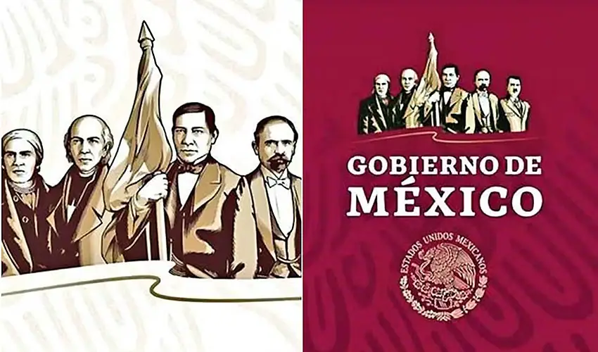 Official logo of administration of Mexico's former president, Andres Manuel Lopez Obrador. The illustrated image features the words Gobierno de Mexico, with the official seal of the government of Mexico and an image of five men from different eras of Mexico's history.