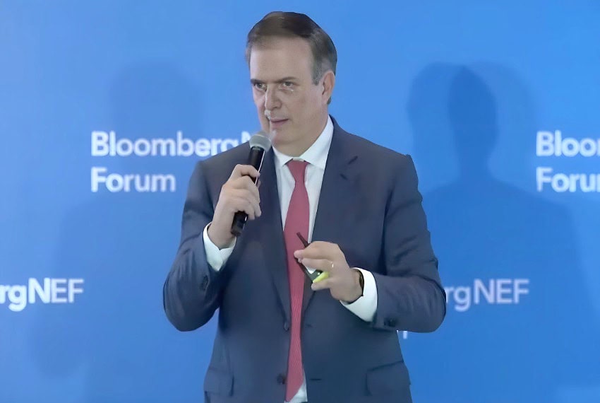 Marcelo Ebrard speaking at a Bloomberg forum