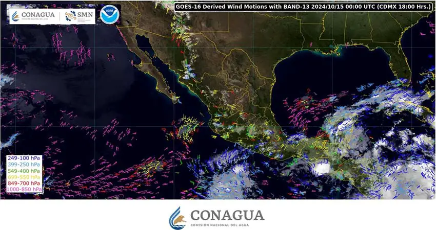 Weather map showing precipitation moving from the greater Caribbean toward Mexico's Yucatan Peninsula.