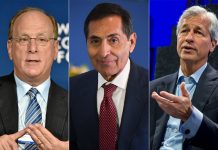 Portraits of JPMorgan CEO Jamie Dimon, Mexican Finance Minister Rogelio Ramirez and BlackRock CEO Larry Fink