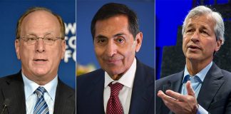 Portraits of JPMorgan CEO Jamie Dimon, Mexican Finance Minister Rogelio Ramirez and BlackRock CEO Larry Fink