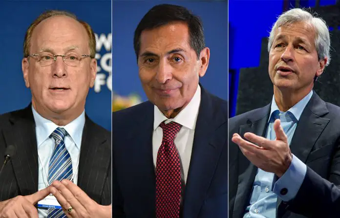 Portraits of JPMorgan CEO Jamie Dimon, Mexican Finance Minister Rogelio Ramirez and BlackRock CEO Larry Fink