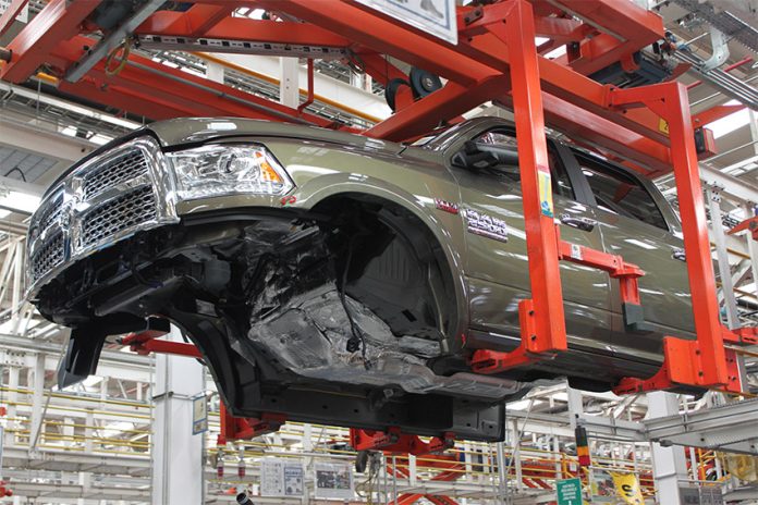 A Ram 2500 moves along the production line in a factory