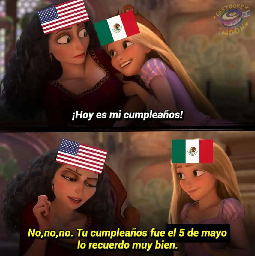 Madre Gothel y Rapunzel de la película Rapunzel. Gothel está etiquetado como Estados Unidos y Rapunzel está etiquetado como México