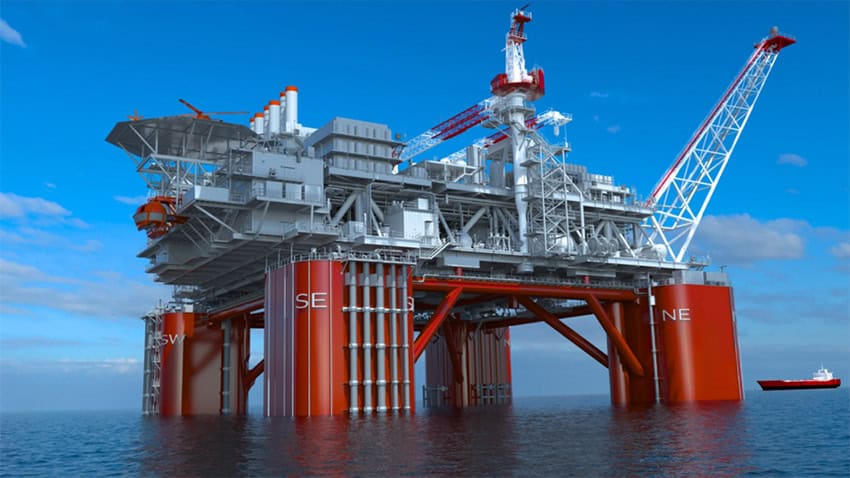 A render illustration of an oil platform in the Gulf of Mexico