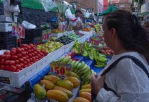 A woman looks at fruit and vegetables in a Mexican market, with the prices marked