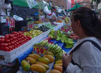 A woman looks at fruit and vegetables in a Mexican market, with the prices marked