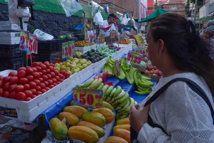 A woman looks at fruit and vegetables in a Mexican market, with the prices marked