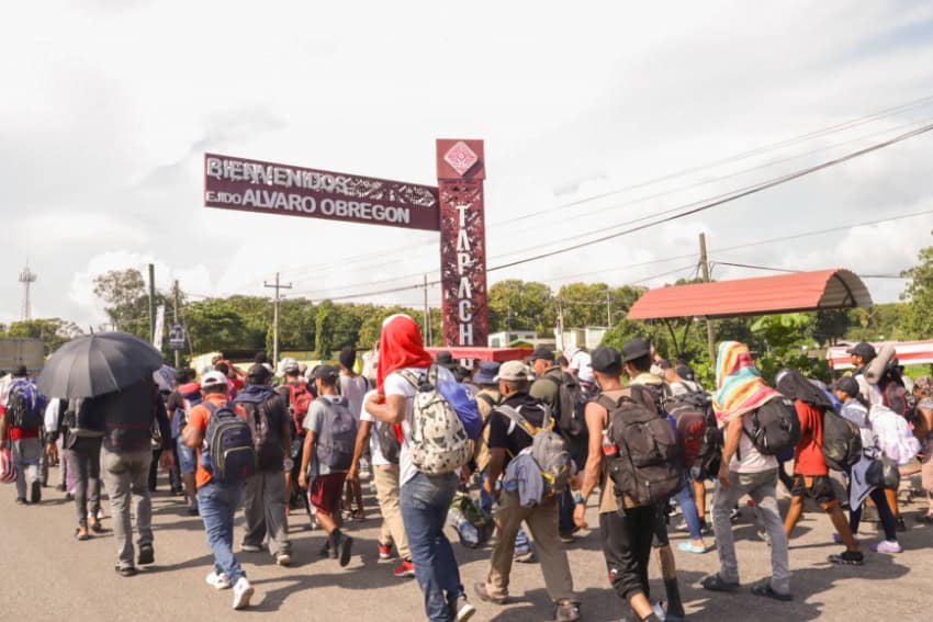 Migrants in Chiapas, Mexico, walking together in a caravan