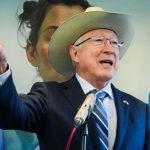 U.S. Ambassador to Mexico Ken Salazar gestures while speaking at a podium