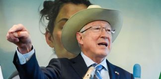 U.S. Ambassador to Mexico Ken Salazar gestures while speaking at a podium