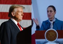 A split screen image of US President-elect Donald Trump on the left and Mexican President Claudia Sheinbaum on the right