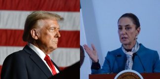 A split screen image of US President-elect Donald Trump on the left and Mexican President Claudia Sheinbaum on the right