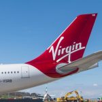 View of the tail of a Virgin Atlantic plane.