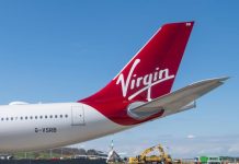 View of the tail of a Virgin Atlantic plane.