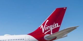 View of the tail of a Virgin Atlantic plane.