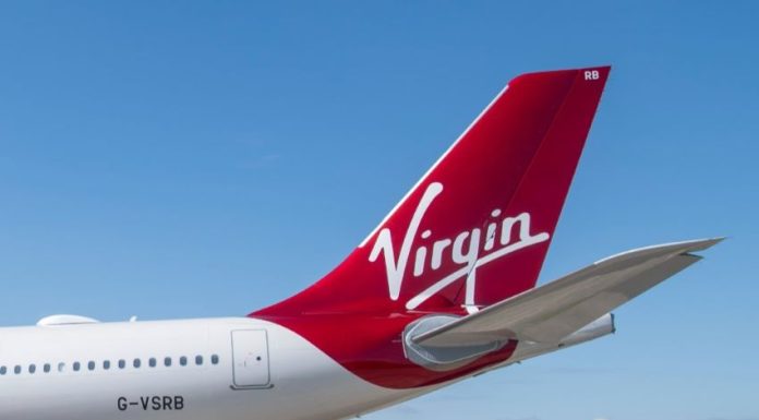 View of the tail of a Virgin Atlantic plane.