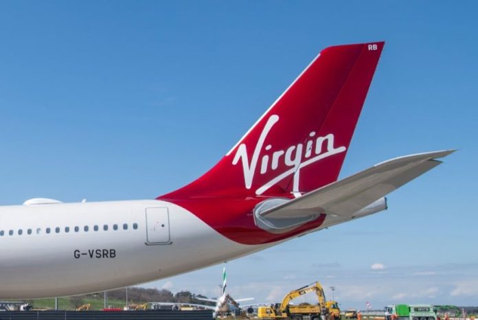 View of the tail of a Virgin Atlantic plane.