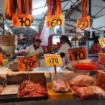 A carnicería displays meat cuts and prices