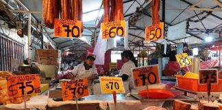 A carnicería displays meat cuts and prices