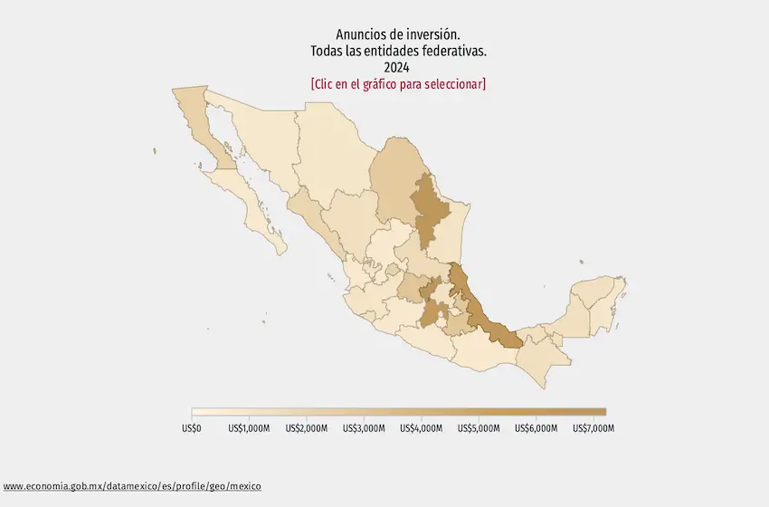 A map highlighting the states in Mexico that have received the most investment announcements through September 2024. 