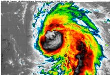 Multicolored weather map showing an image of Hurricane Rafael