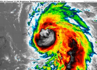 Multicolored weather map showing an image of Hurricane Rafael