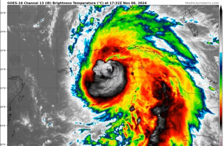 Multicolored weather map showing an image of Hurricane Rafael