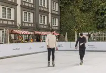 Two people ice skating at the Four Seasons in Mexico City