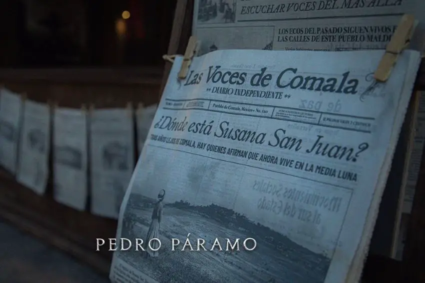 A newspaper called "Voces de Comala" in a scene from the Netflix film "Pedro Páramo"