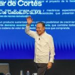 Sonora Governor Alfonso Durazo Montaño waves to audience at Mar de Cortes Forum in Los Cabos, Mexico