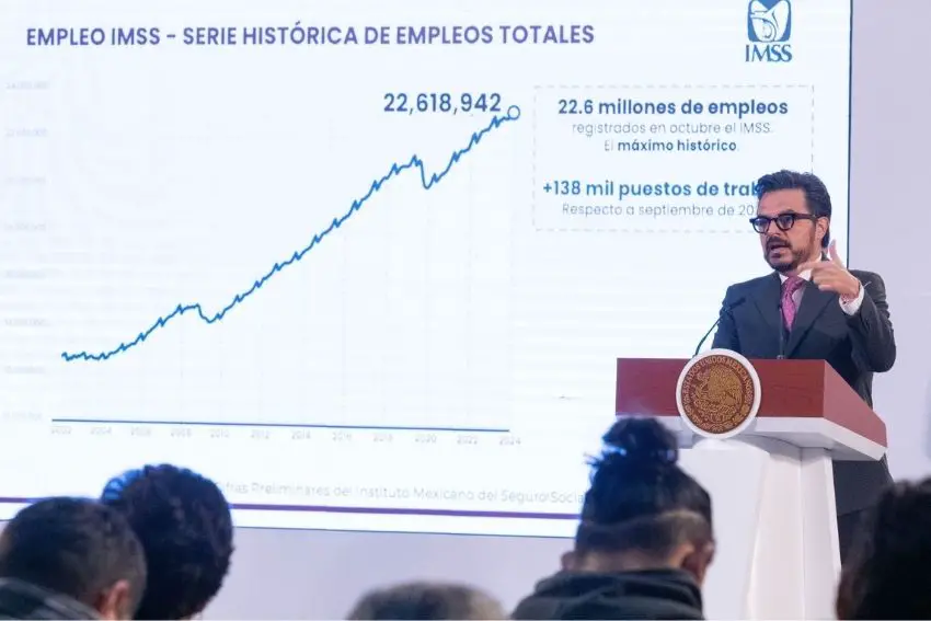 Mexico's IMSS Director Zoe Robledo standing at a podium at a press conference in front of a projection of a report page featuring the IMSS logo and showing IMSS-affiliated employment data as of Oct. 31