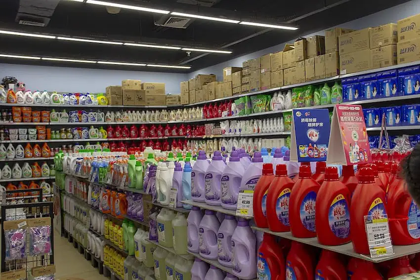 A grocery store on the detergent aisle.