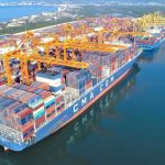 Container ships arriving into the Port of Manzanillo in Mexico