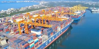 Container ships arriving into the Port of Manzanillo in Mexico
