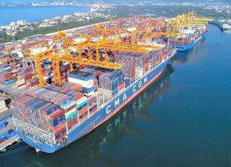 Container ships arriving into the Port of Manzanillo in Mexico