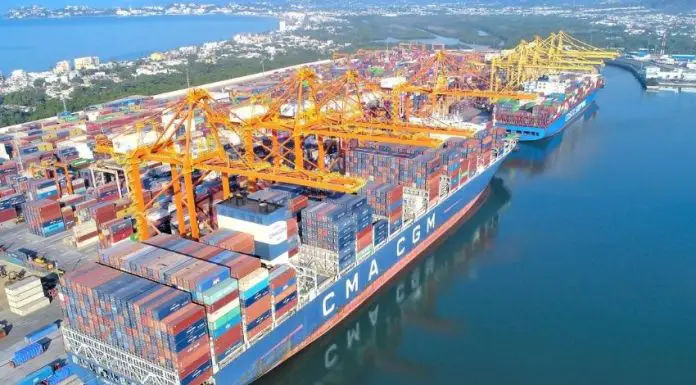 Container ships arriving into the Port of Manzanillo in Mexico