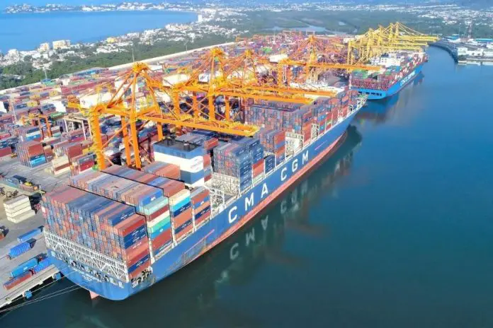 Container ships arriving into the Port of Manzanillo in Mexico