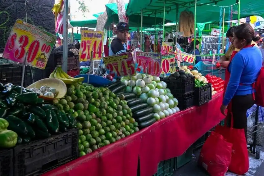 Woman at Mexican outdoor market looking at displays of various vegetables, including tomatillos, cucumbers, onions and avocados with small posters above each showing prices