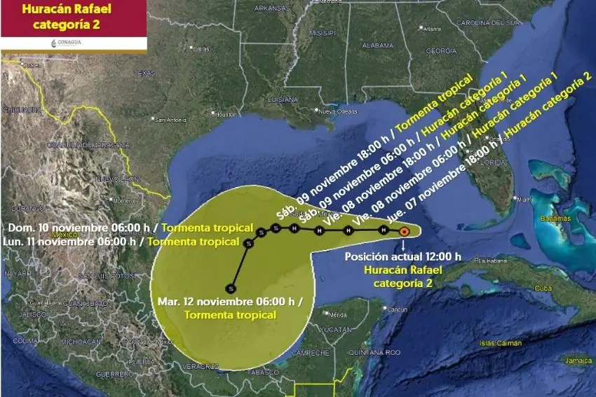 Hurricane Rafael map showing the trajectory of the hurricane through Mexico