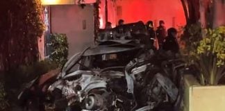 A mangled silver passenger vehicle after a car crash. It's located between a house and a large cement flowerpot from which can be seen growing tree trunks and green plants. Emergency officials are in the background behind the crashed vehicle.