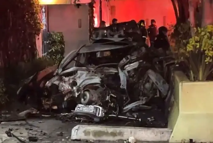 A mangled silver passenger vehicle after a car crash. It's located between a house and a large cement flowerpot from which can be seen growing tree trunks and green plants. Emergency officials are in the background behind the crashed vehicle.