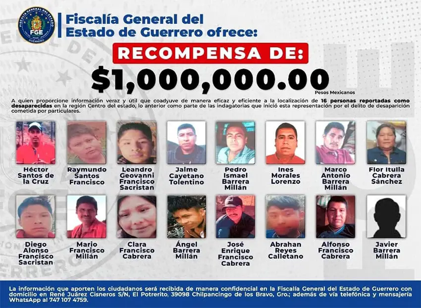 A Spanish-language poster from Guerrero prosecutors offers a reward for information leading to the rescue of Chautipan residents, 12 of whom are pictured on the poster with a small photo of their face and name